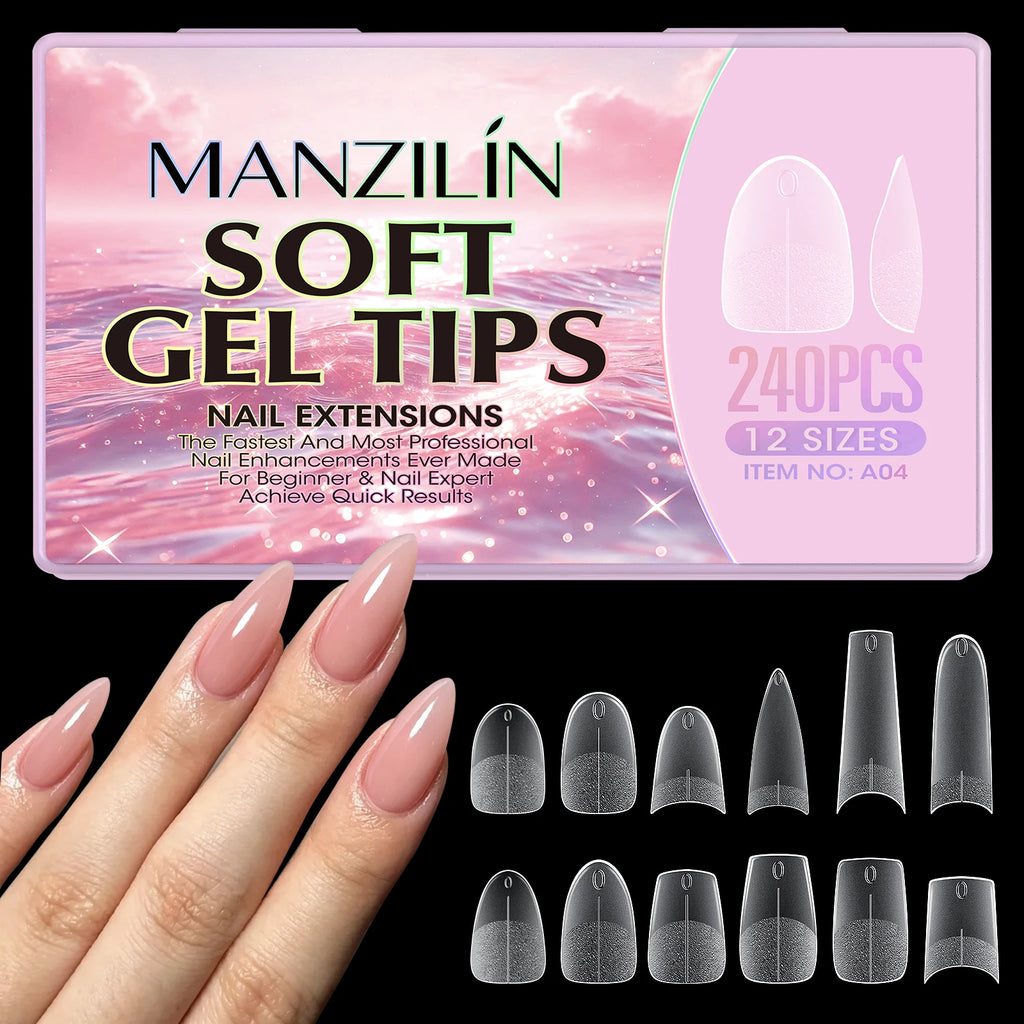 240Pcs Medium Almond Soft Gel Nail Tips Double Sided Matte Pre Etched No File Clear Full Cover Fake Nail Extensions DIY Salon